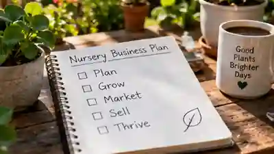 Open nursery business plan notebook beside potted plants on a wooden work table