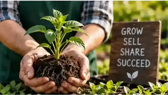 Grower holding a young plant with exposed roots above rows of nursery seedlings