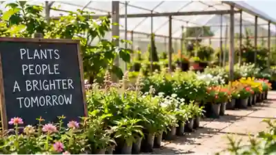 Rows of flowering and green nursery plants in containers beside a sunny greenhouse aisle