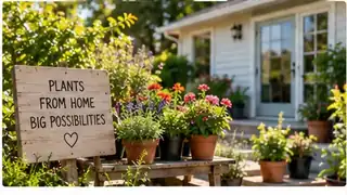 Potted flowering plants displayed outside a home with a wooden sign reading Plants From Home Big Possibilities